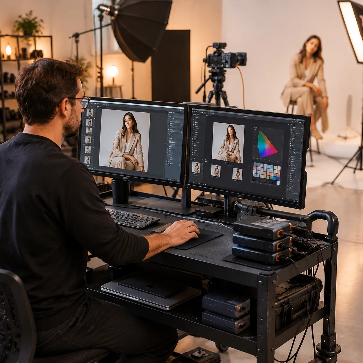 Digital technician testing camera tethering and file verification